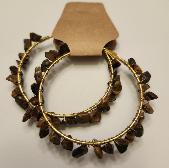 Gold stainless hoops handcrafted vintage brown rocks individually wire wrapped - Picture 2 of 6